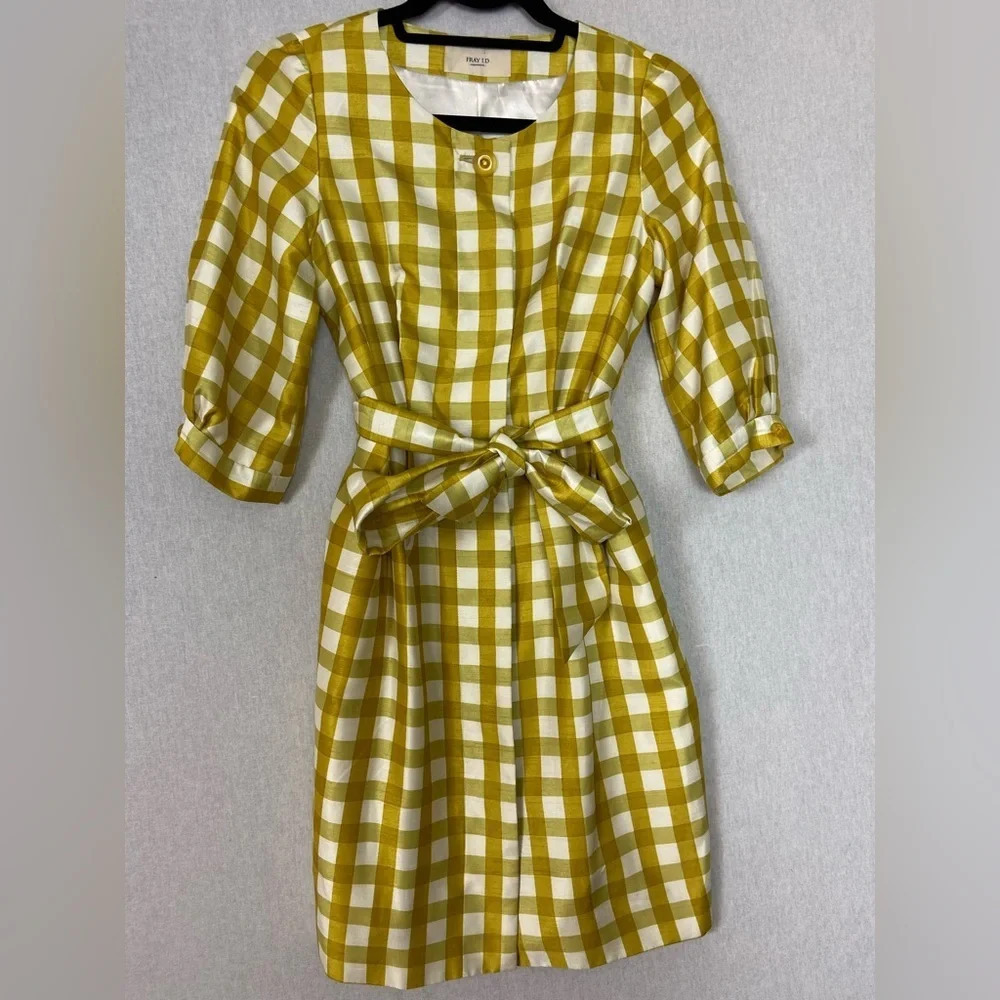 Fray I.D yellow white plaid  checker 3/4 sleeve belted dress Sz XS/S